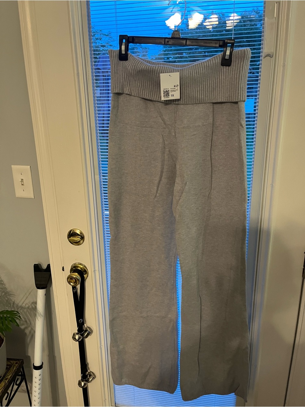 Forever 21 Light Gray Ribbed Fold-Over Waist Wide-Leg Knit Pants
